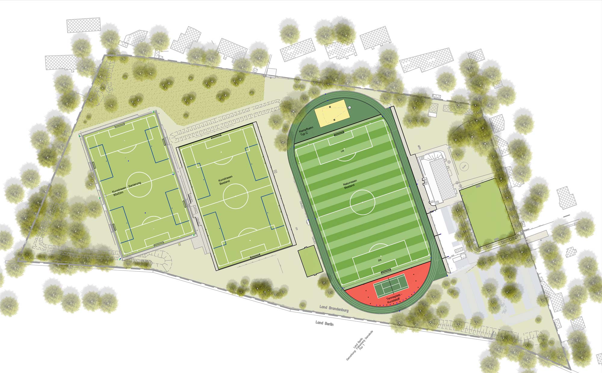 Architektonischer Lageplan der Sportanlage des SV 1908 Grün-Weiss Ahrensfelde mit Spielfeldern und Laufbahn